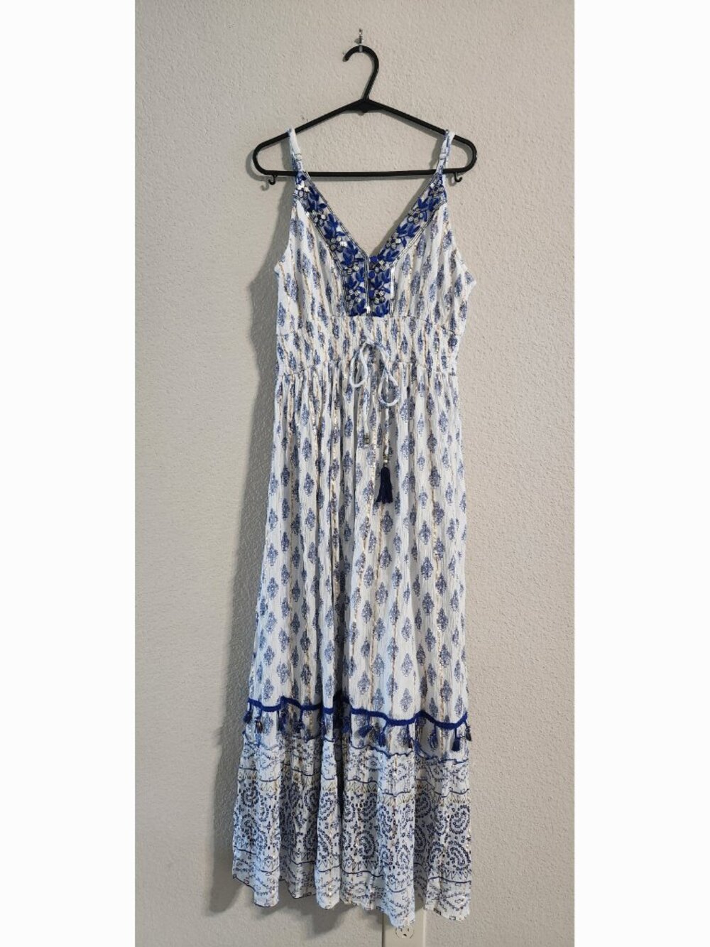 ME 2 Magic Bohemian Vacation Dress Ivory/Blue/Gold shimmer flowy maxi dress XL